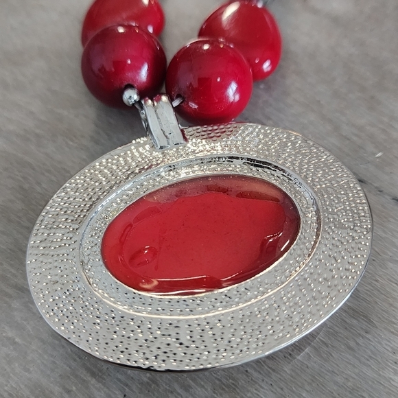 Radiant Red Beaded Statement Necklace with Silver Accents and Large Pendant - Picture 5 of 8